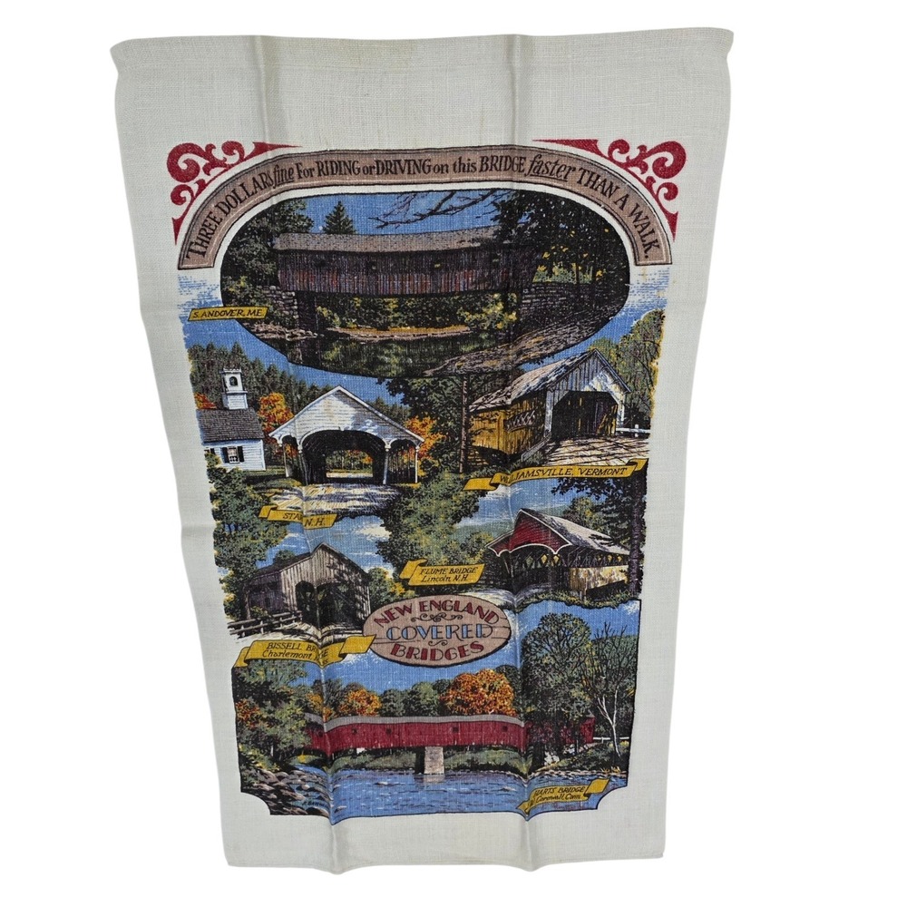 KAY DEE Linen Vintage Hanging TEA TOWEL Kitchen New‎ England Covered Bridges